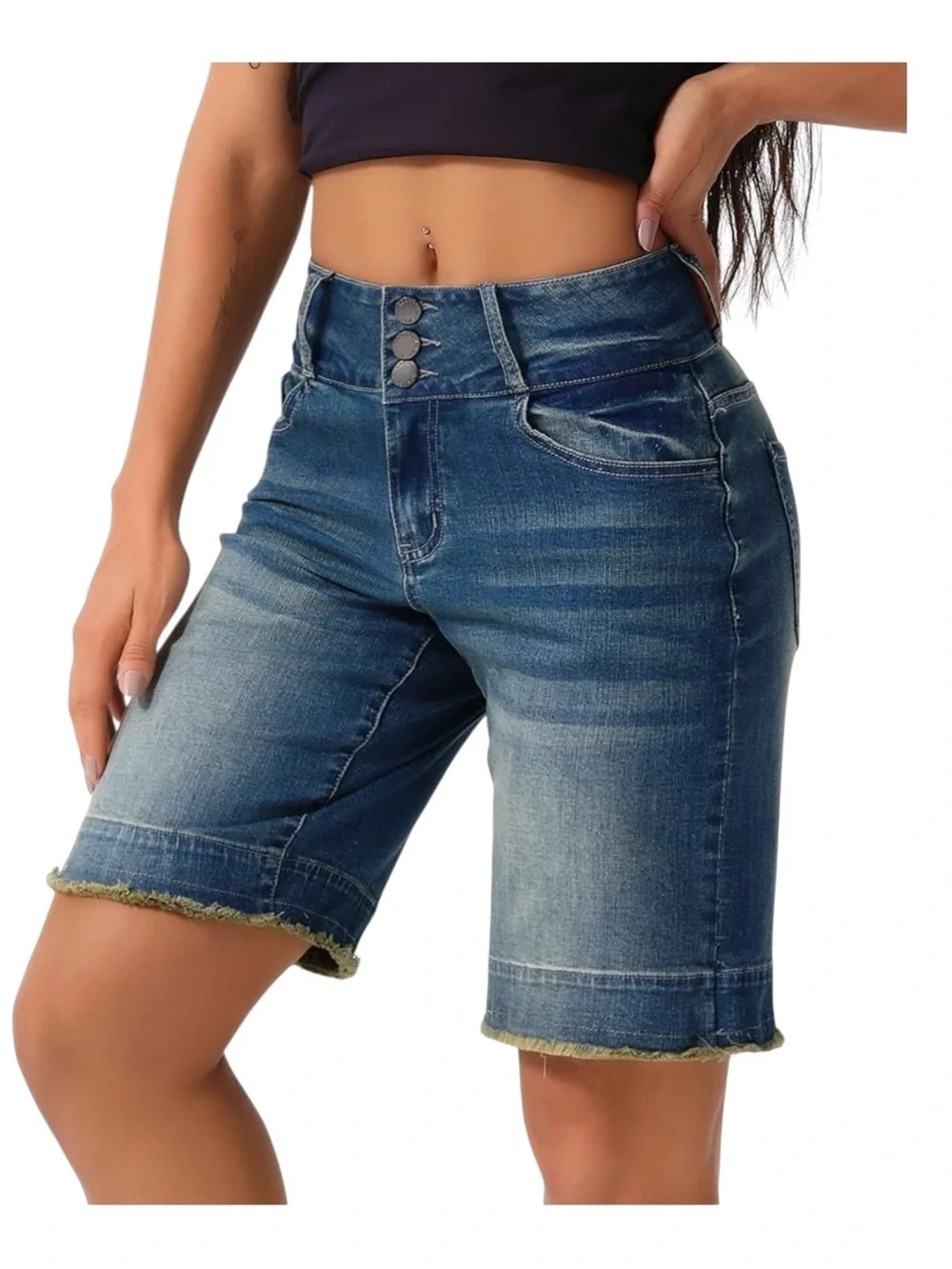 roswear Women's Stretchy Wide Leg High Waisted Frayed Hem Long Jean Shorts Sz XL